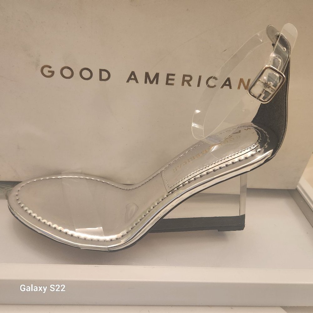 Good American Clear Wedge Slingback Sandals Size 7.5 Silver GA283P